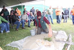 Denny Schutz teaching set making at a trappers event in Montana