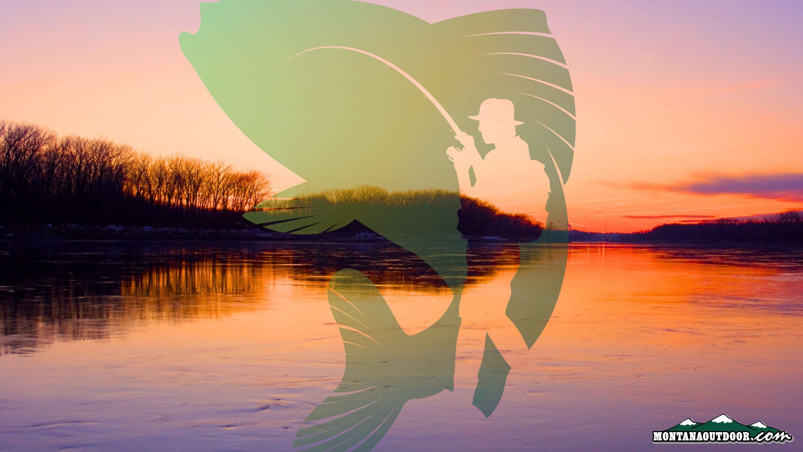 Trout Silhouette Fly Fishing Mountain Sunset River Stream Art
