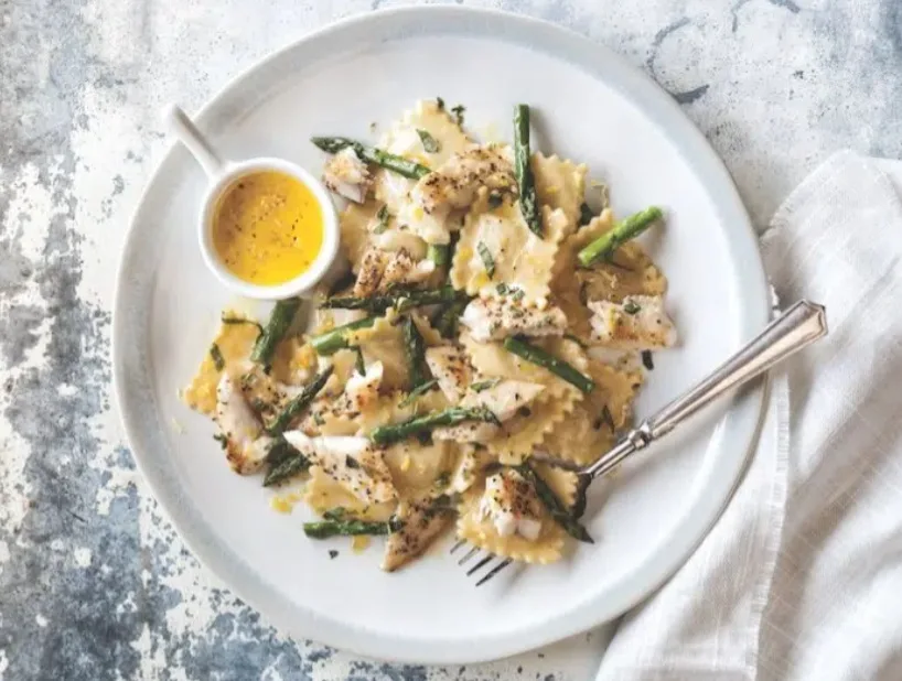 Trout Cheese Ravioli and Asparagus Salad with Lemon Vinaigrette