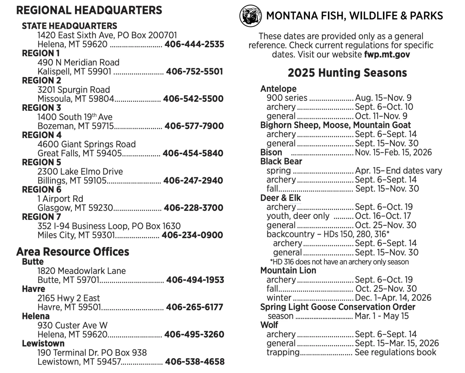 montana hunting season cheat sheet