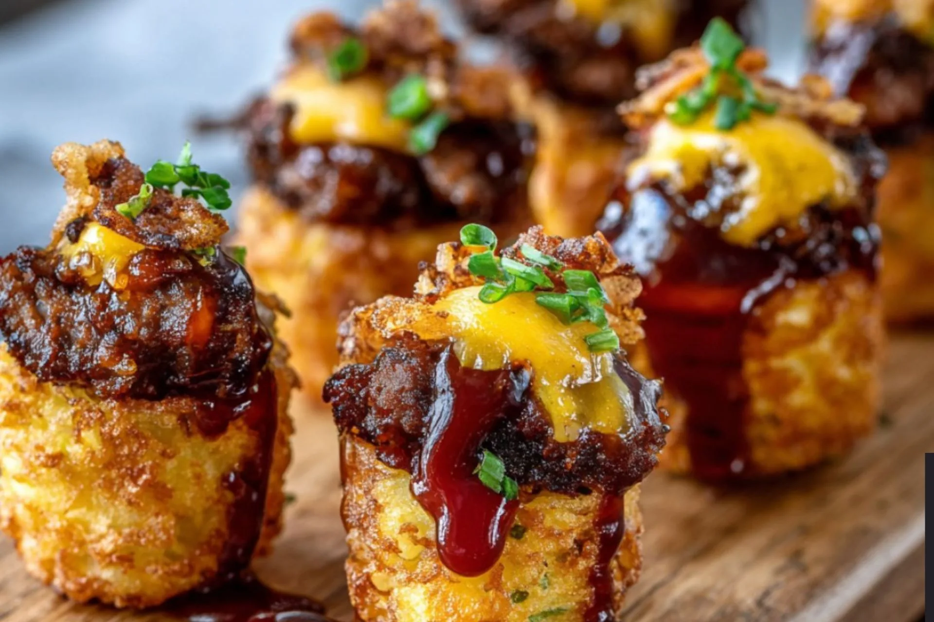 Venison Bacon Cheeseburger Tater Tot Cones with Smoky BBQ Sauce