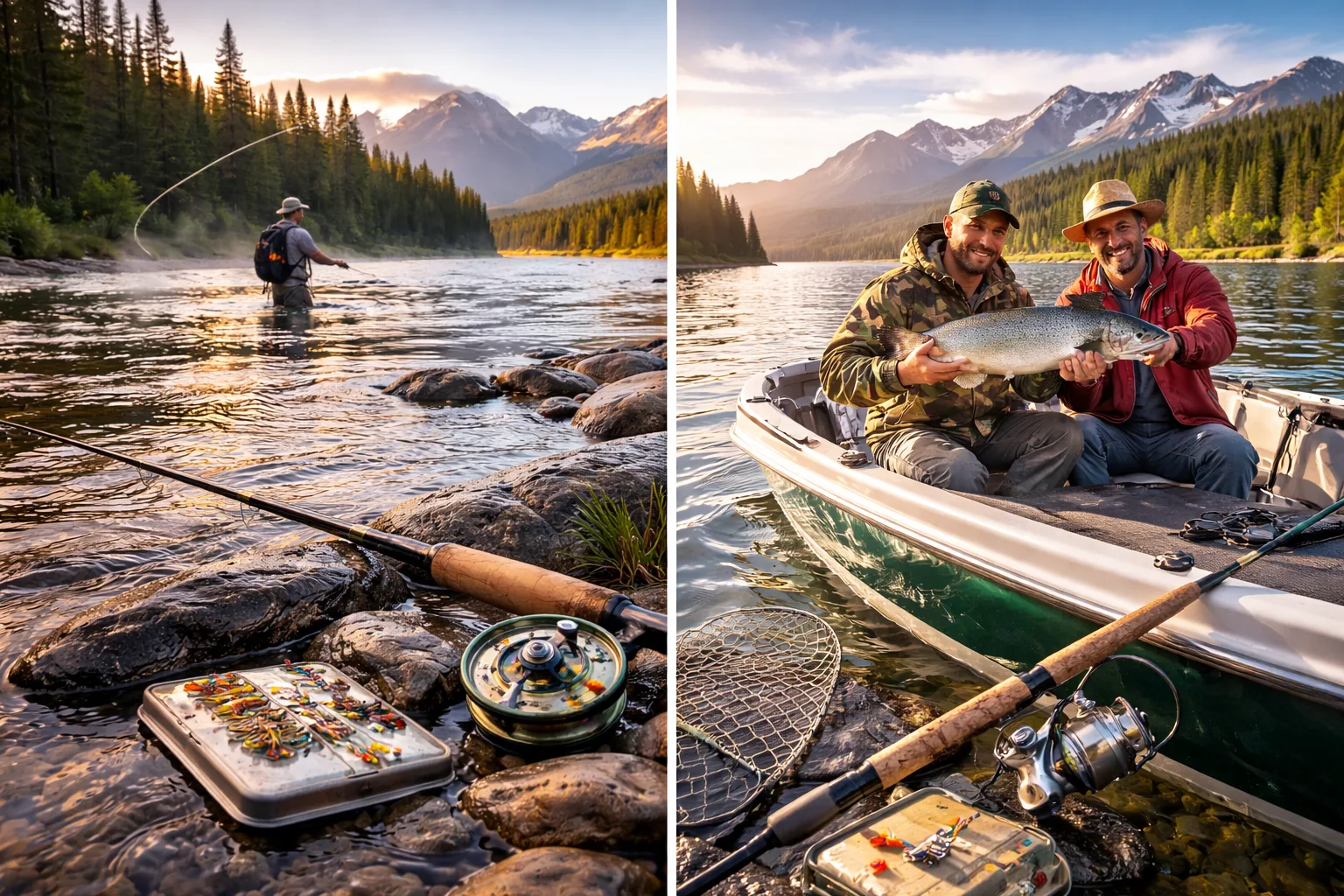 Fishing scenes by a scenic lake.