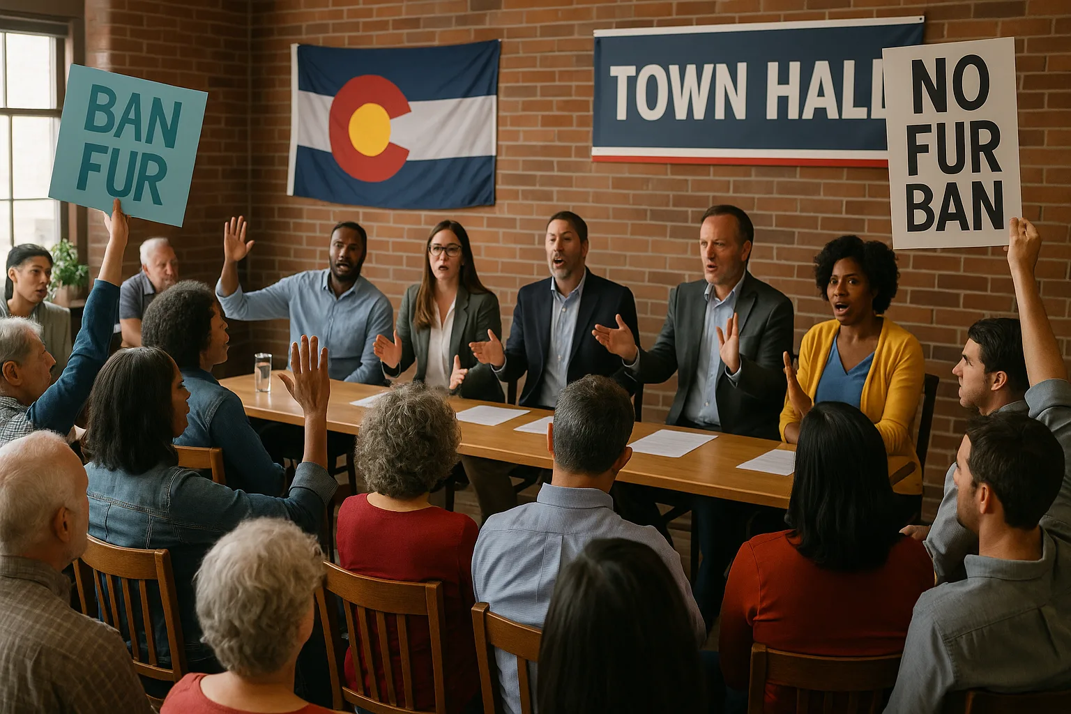 Town hall meeting in Colorado debating fur ban, with diverse audience.