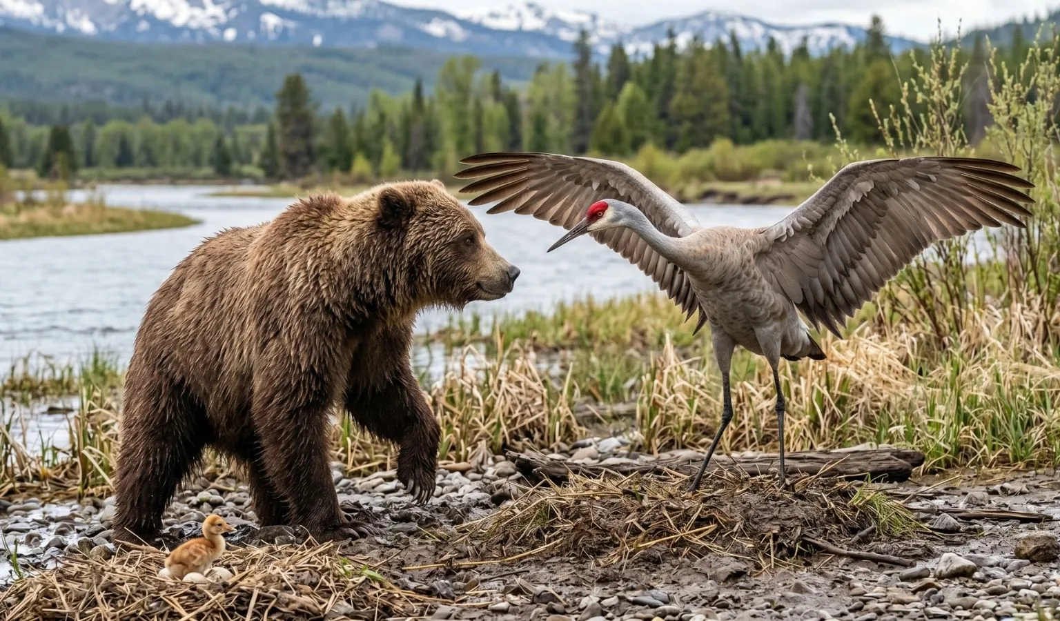 Yellowstone’s Brave Sandhill Crane Takes on Grizzly Bear