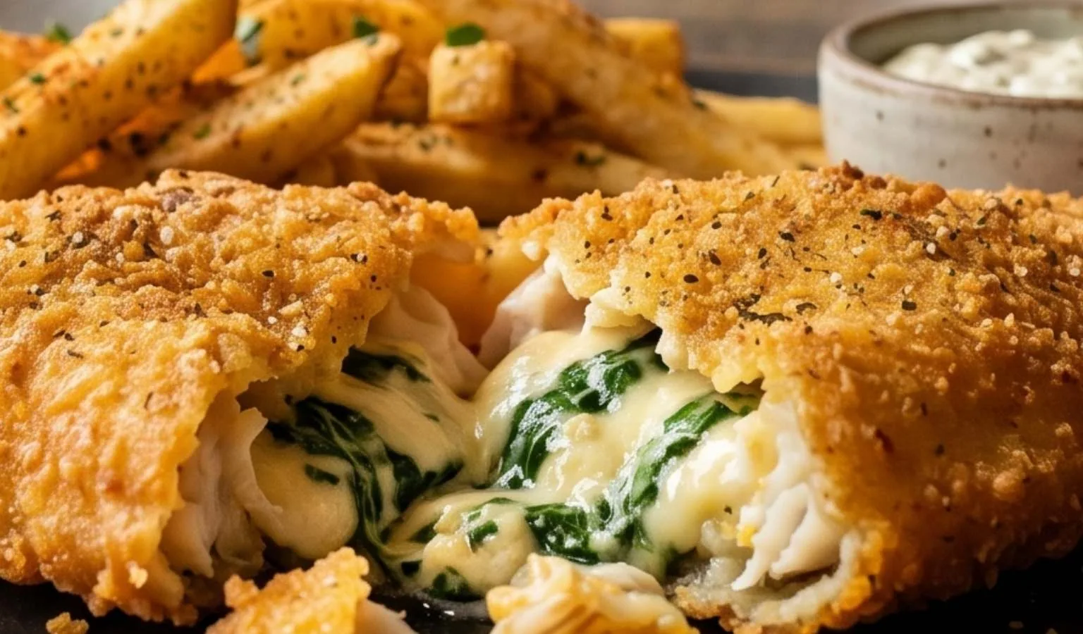 Crispy Fried Fish Fillets Stuffed with Cream Cheese and Spinach